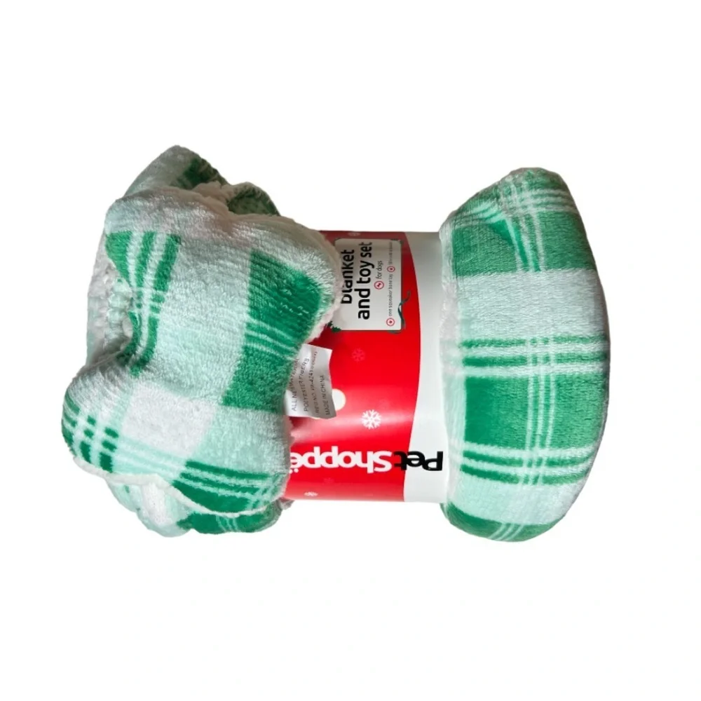 NWT Pet Shoppe Green and White Blanket & Toy Bone with Squeaker Set